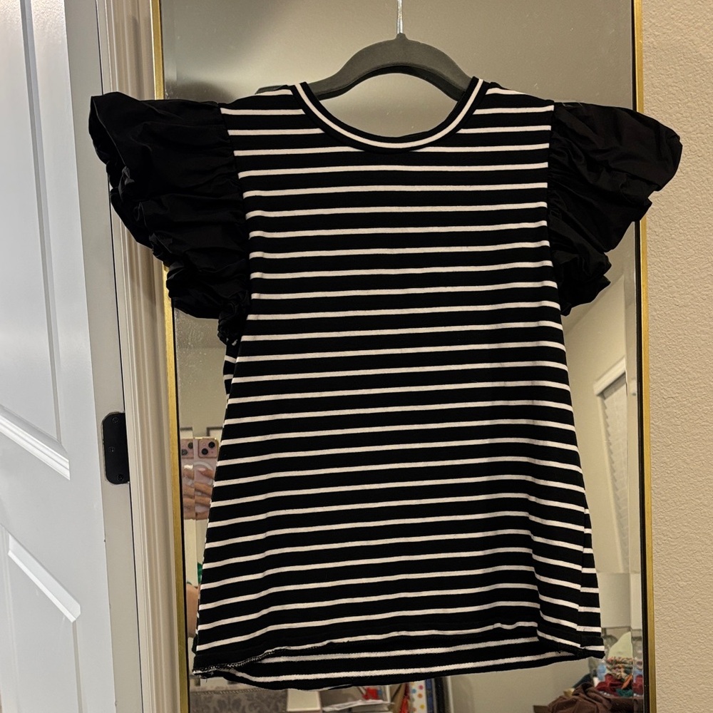 English Factory Black & White Striped Puff Sleeve Tee